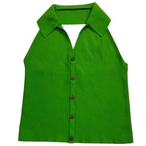 Tommy Hilfiger Womens Green Ribbed Polo Halter Sleeveless Sweater Large